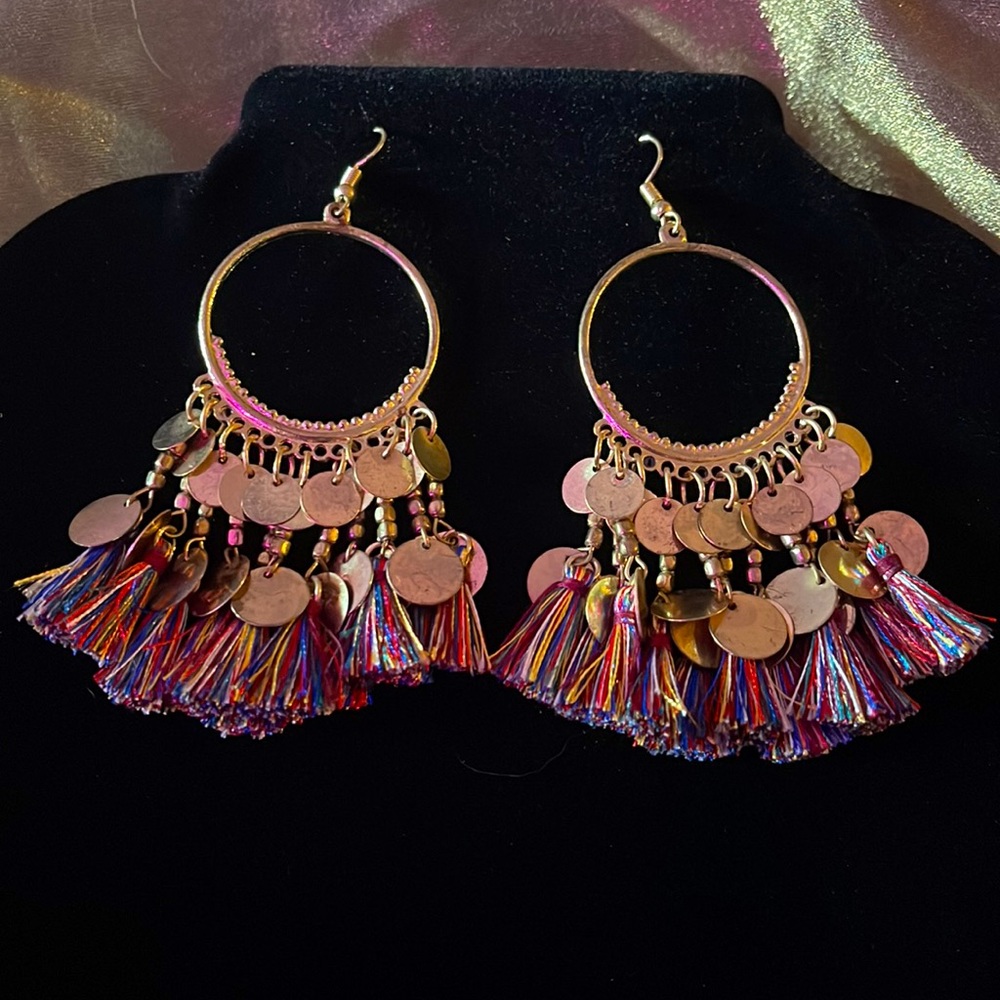 Boho gold and multi colored tassel earrings